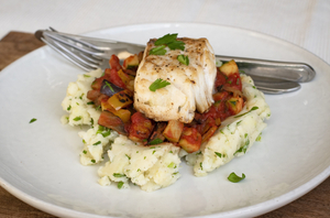 Cod with ratatouille and herb puree