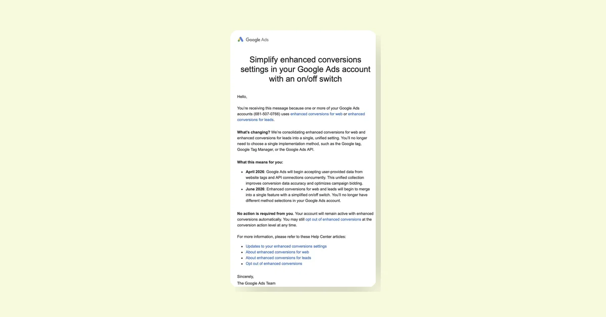 Google Ads unifies enhanced conversions for web and leads with a single on off switch