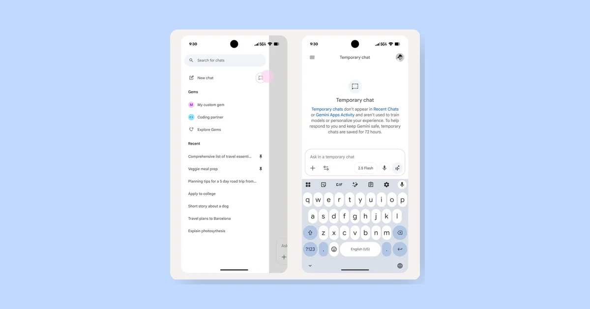 Gemini app adds Temporary Chats and new personalization features