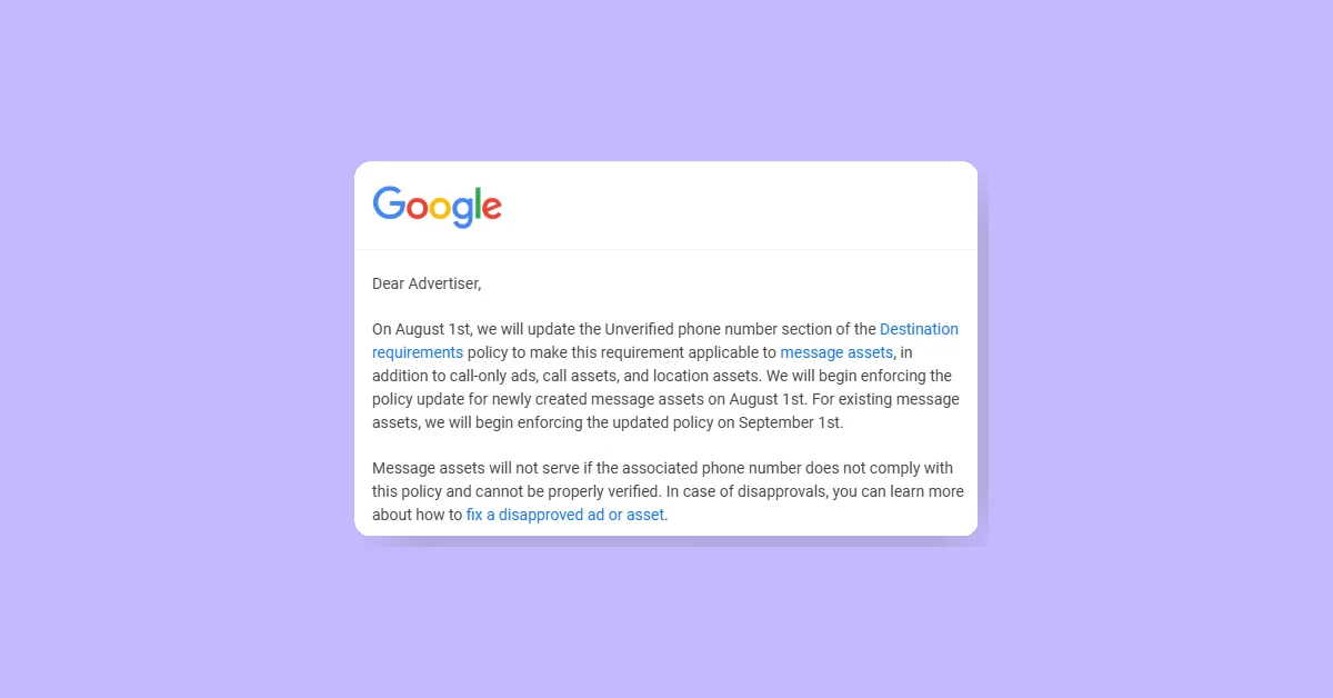 Google to stop message ads with unverified phone numbers from September 1