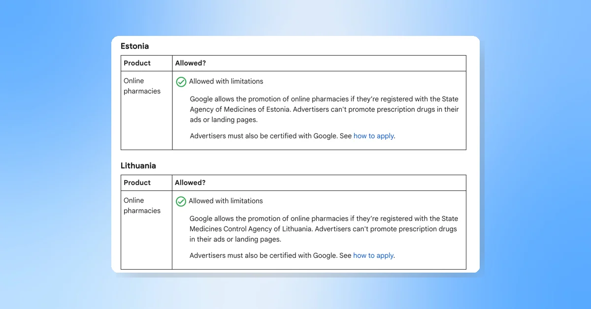 Google Ads Policy Update: Online Pharmacies Allowed in Estonia and Lithuania