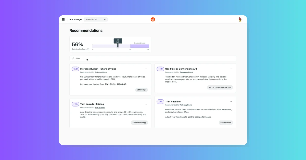 Reddit Ads Manager launches Recommendations with Optimization Score