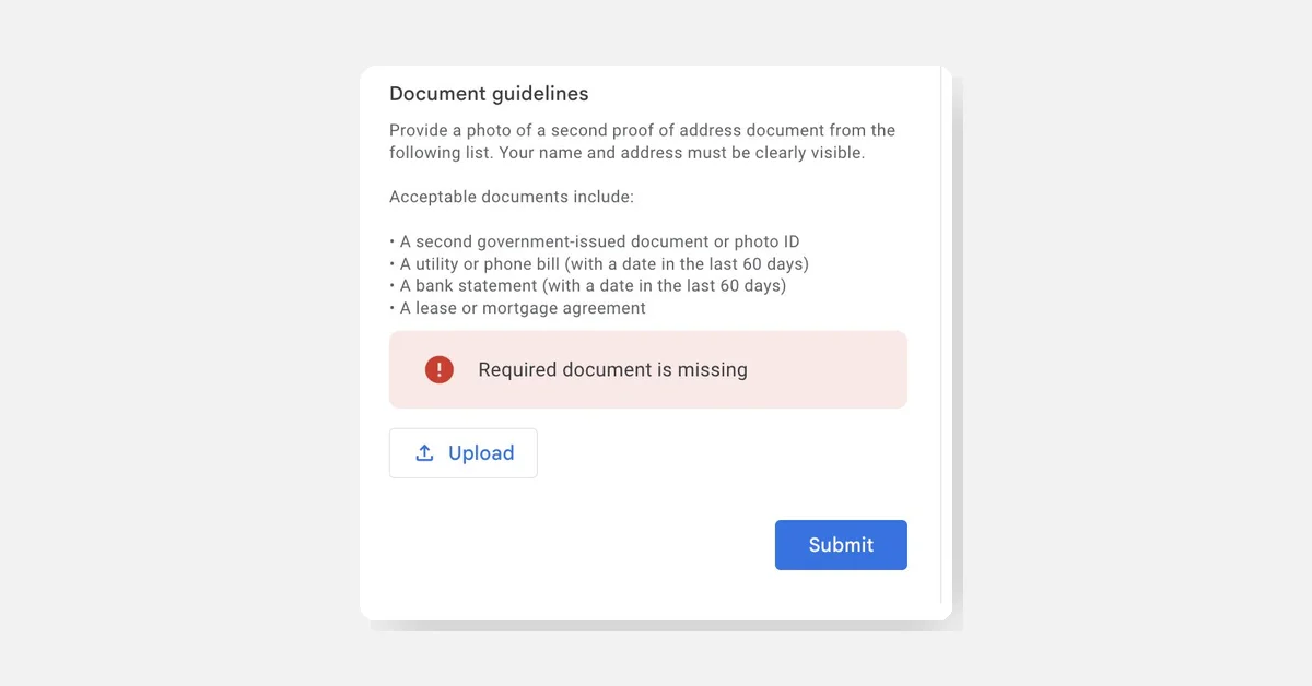 Google Now Requires Extra Documents for Verification