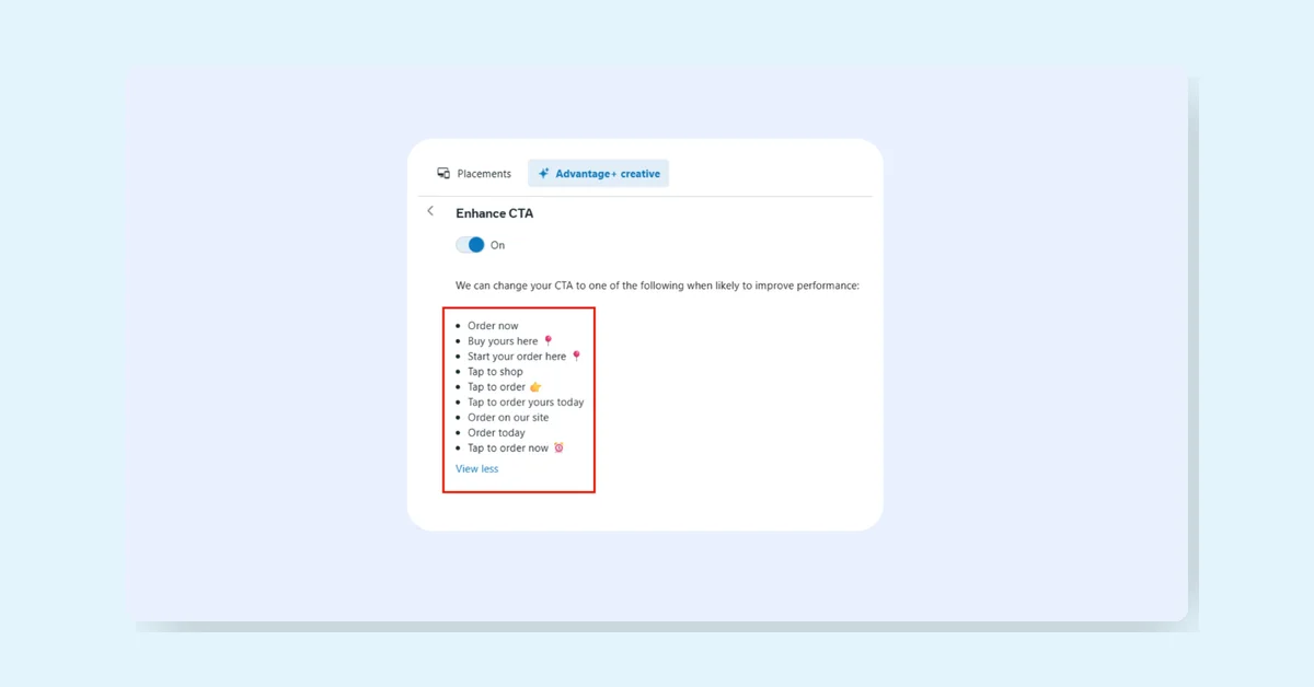 Meta Ads Enhance CTA feature now shows example phrases to replace default button text