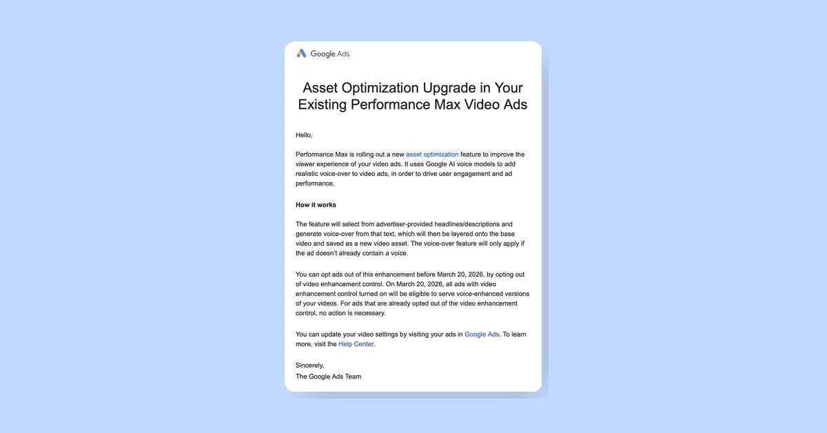 Google introduces AI voice-over in Performance Max video ads with opt-out