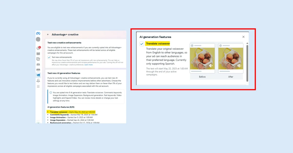 Meta tests Automatic Voiceover Translation for video ads in Spanish