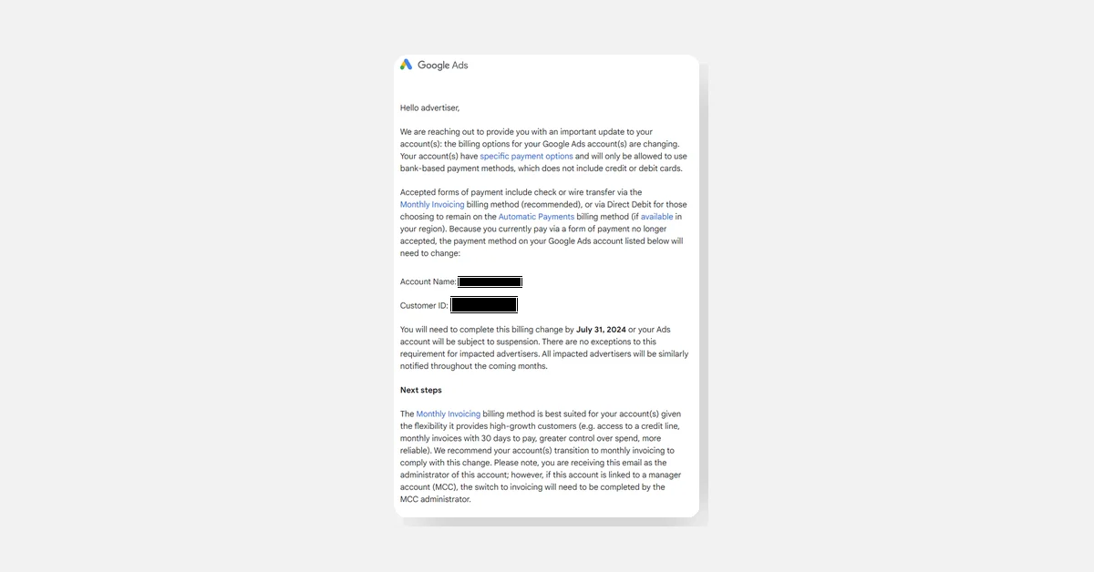 Google Ads Forces Advertisers to Switch to ACH/Invoice Billing, Threatens Suspension