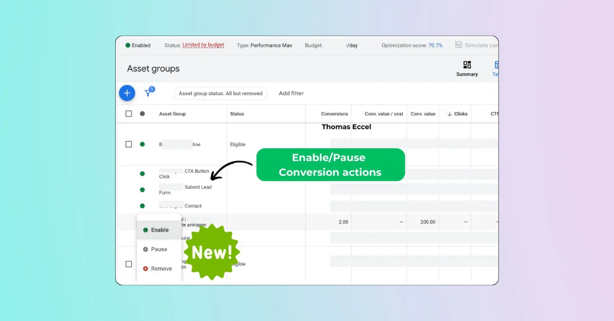 Google Enables Conversion Actions Optimization at Asset Group Level for Performance Max