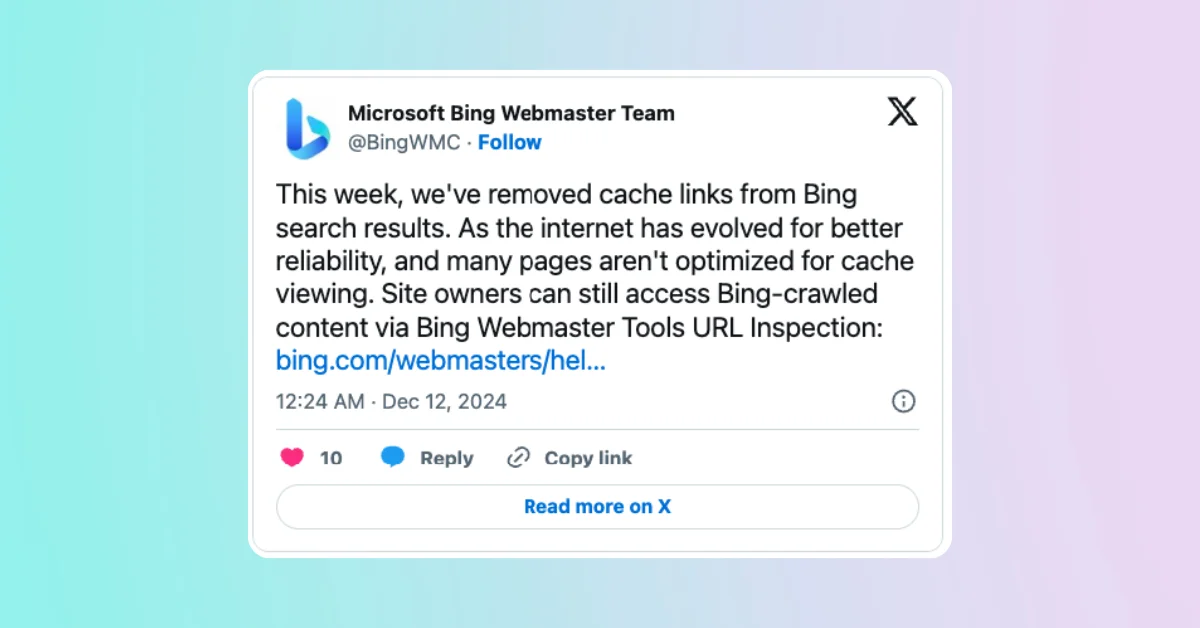 	Bing removes cache link from search results following Google's lead