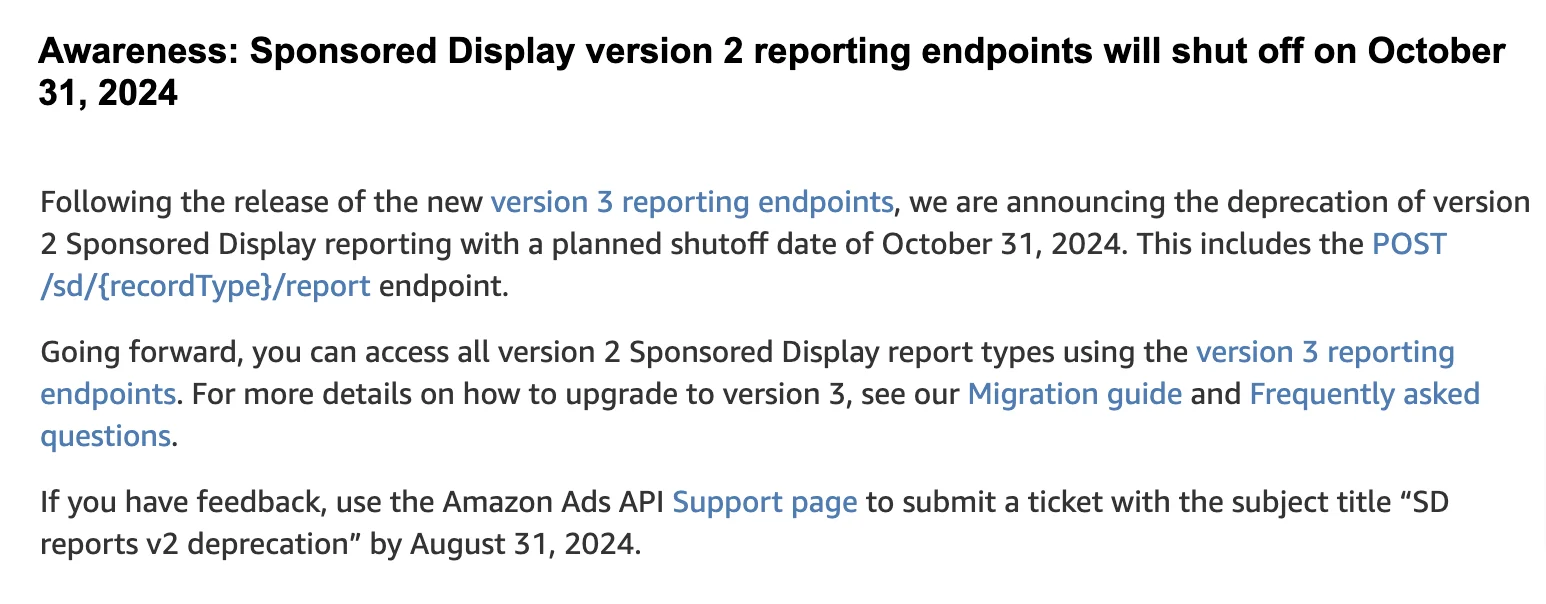 Version 2 Sponsored Display Reporting to Shut Off on October 31, 2024