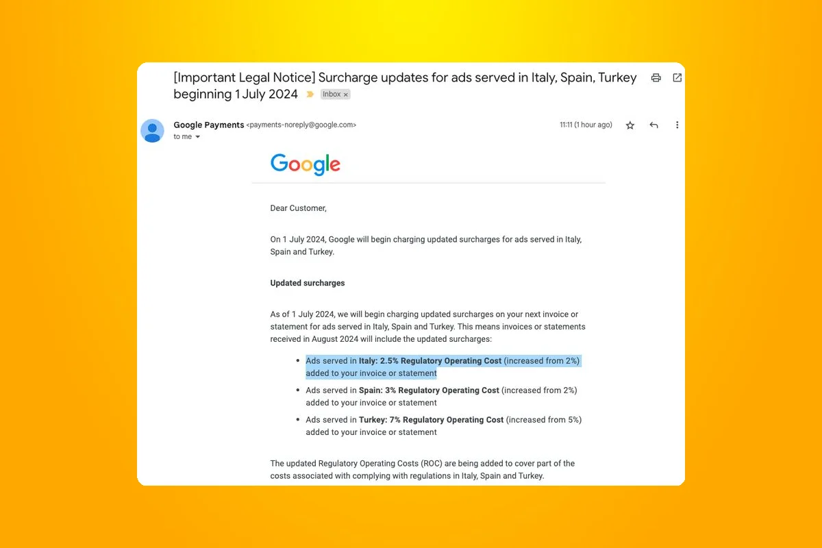 Google Ads Surcharge Hike: Italy 2.5%, Spain 3%, Turkey 7% Effective July 1