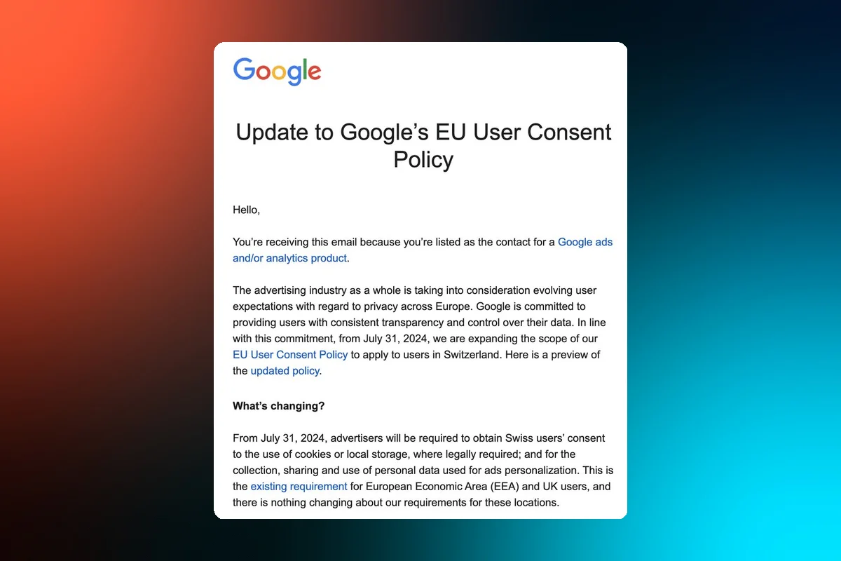Swiss Users' Consent Required for Cookies and Data Use in Ads from July 31, 2024