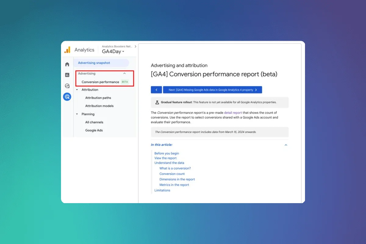 New Conversion Performance Report Now Available in GA4's Advertising Section