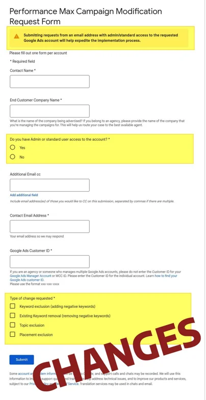 Google Updates Performance Max Campaign Modification Request Form