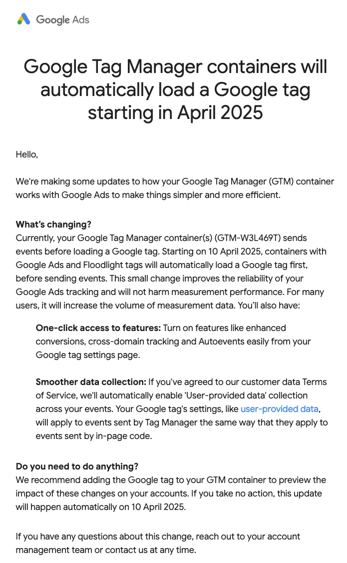 Google Tag Manager Containers to Automatically Load Google Tag Starting April 2025