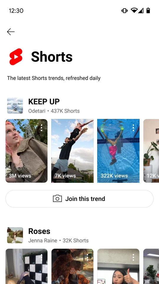 New Shorts trends page