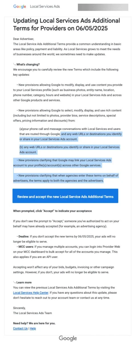 Google Ads New Local Service Ads Terms Require Acceptance by June 2025