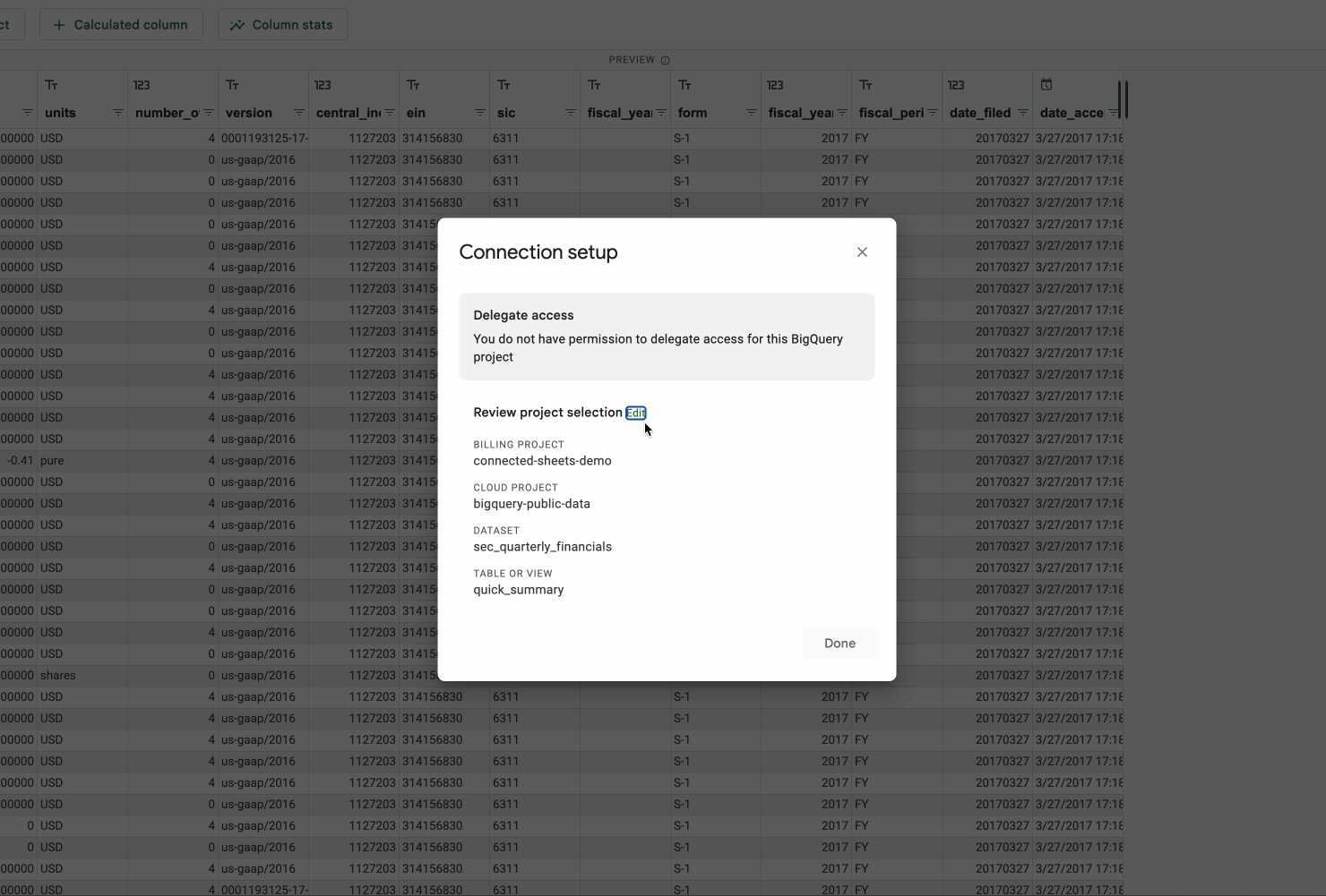 Search for and reuse pre-defined queries from BigQuery in Connected Sheets.gif