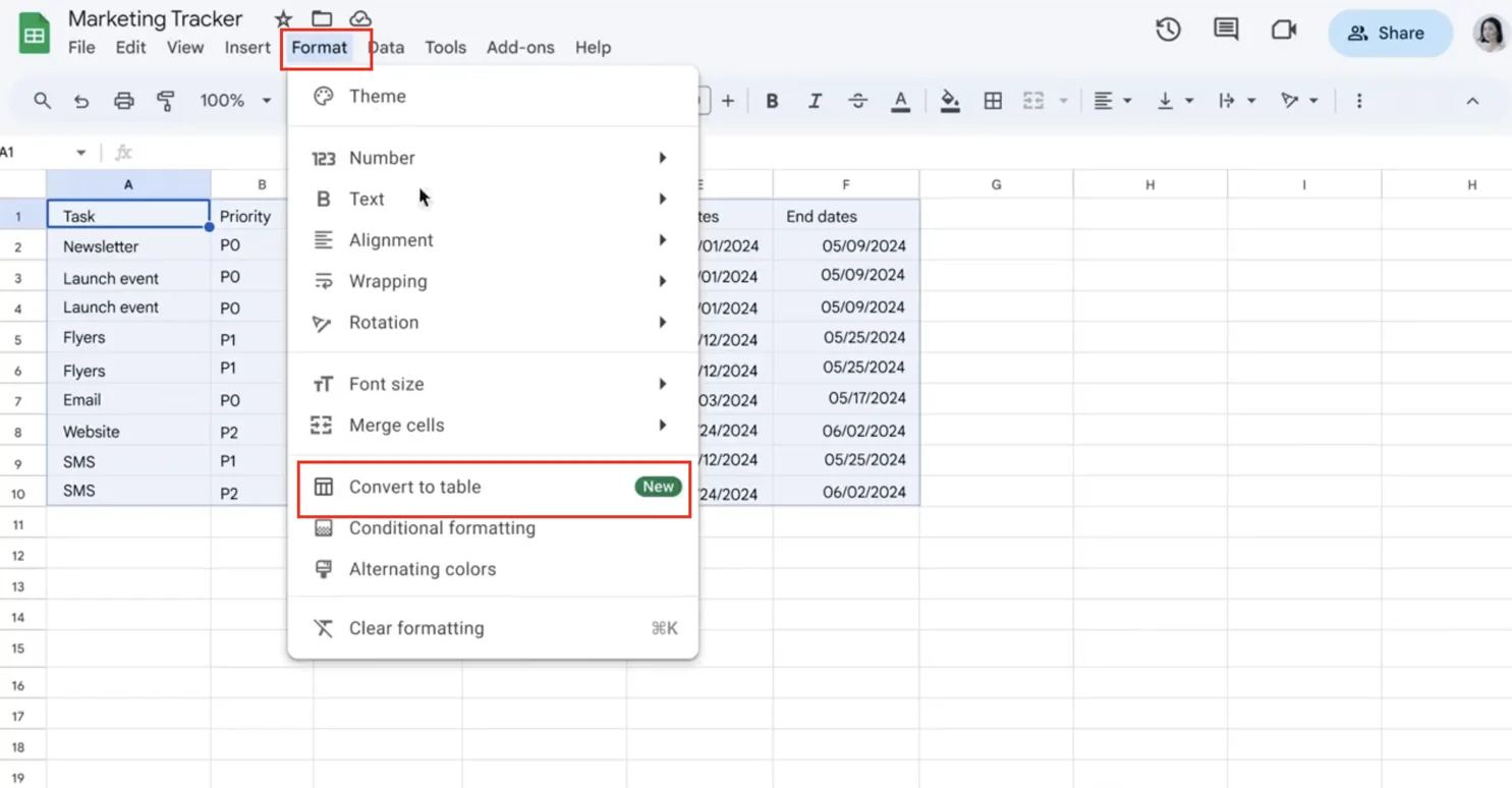 google sheets new tables