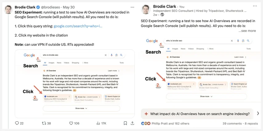 twitter-linkedin-posts-seo-experiment-ai-overviews-google-search-console.webp