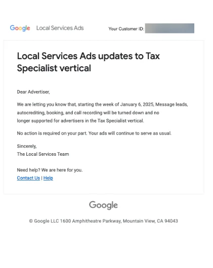 Google Removes Lead Generation and Recording Features from Tax Specialist Local Service Ads Platform