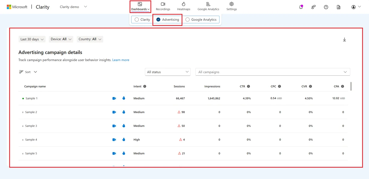New Advertising Dashboard