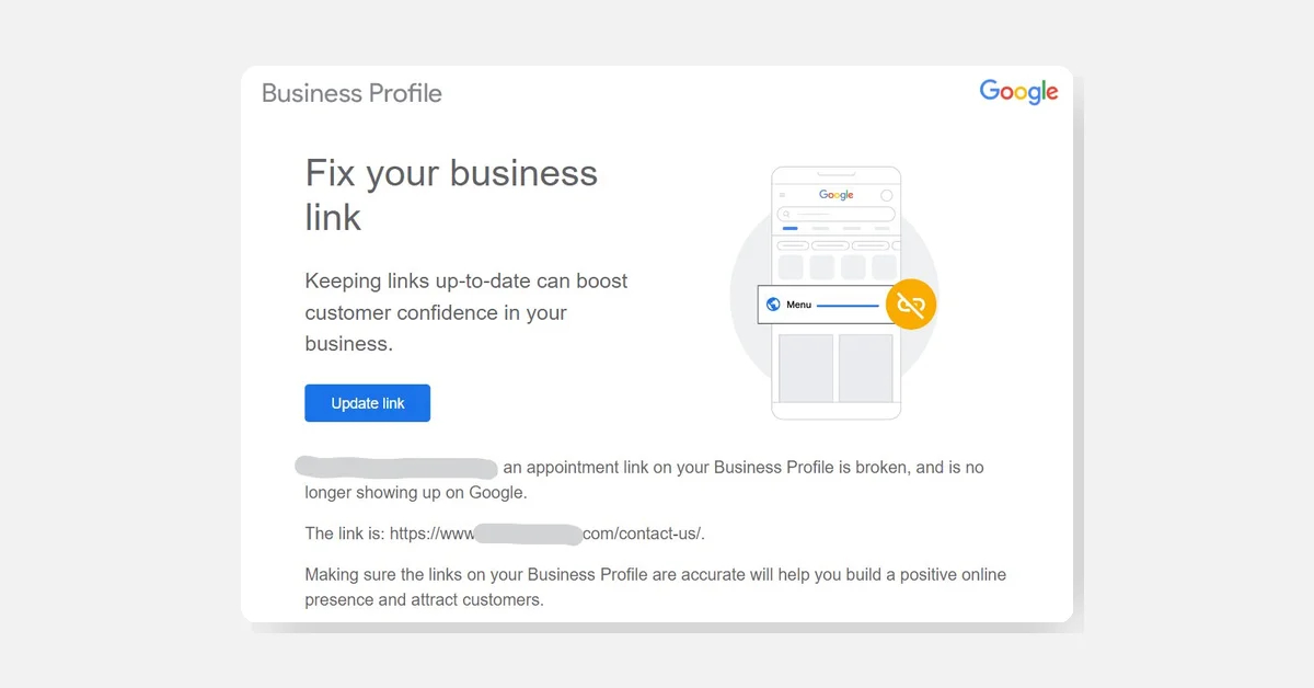 Google Alerts on Broken Appointment Links for Business Profiles