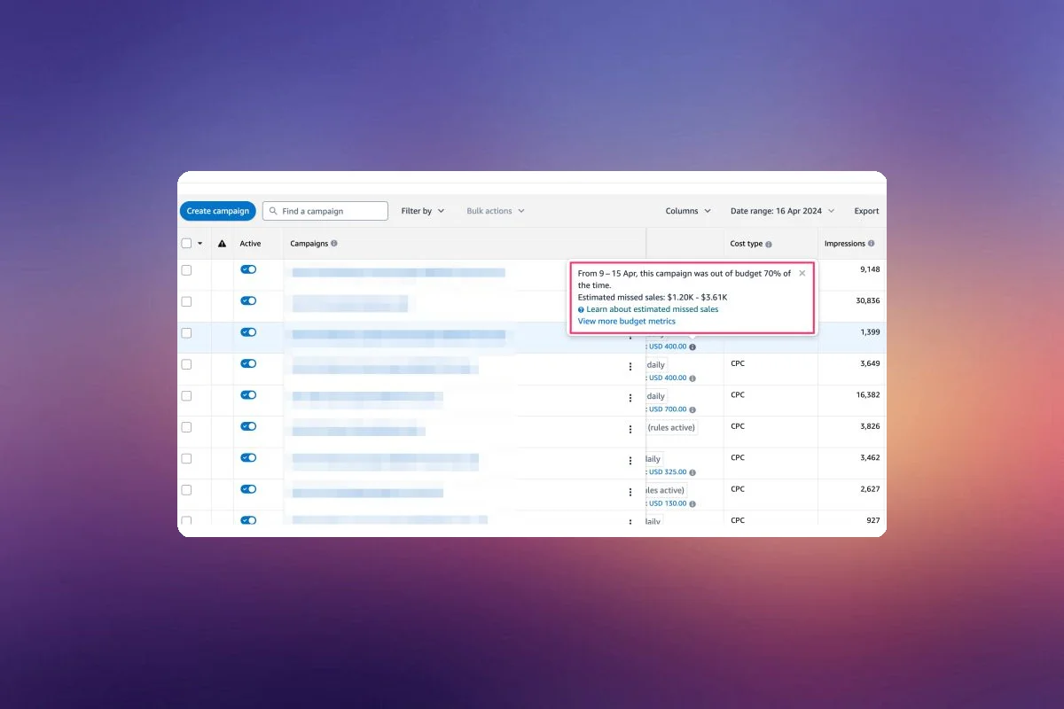 OOB % & Estimated Missed Sales Now Displayed in Budget Column