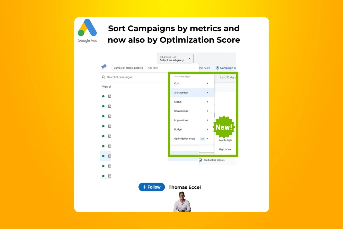 New Sorting Option by Optimization Score Now Available in Google Ads Interface