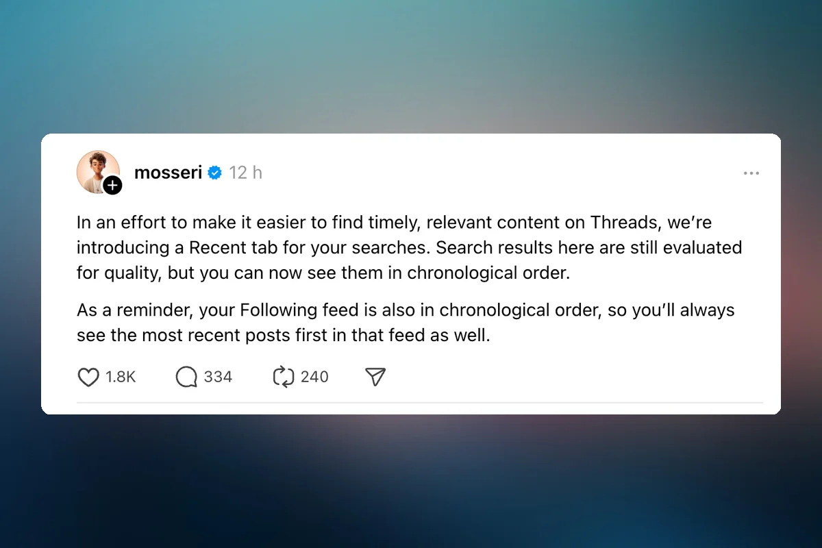 Threads Introduces Recent Tab for Chronological Search Results