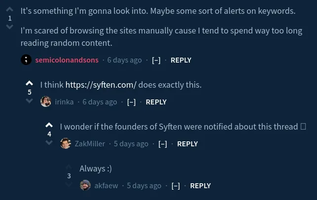 Hacker News comment mentioning Syften