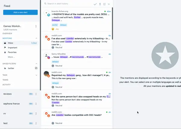 Mention feed filtered by source and keyword