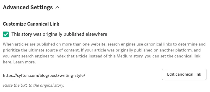 Canonical link setting in a blog editor
