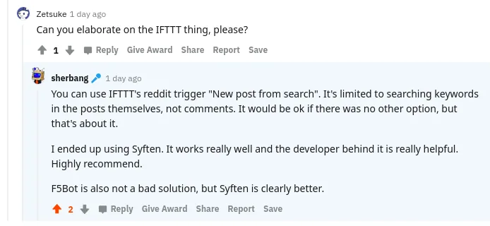 A former TrackReddit user describing Syften as a helpful replacement