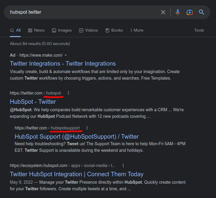 Google search results showing HubSpot's official X accounts