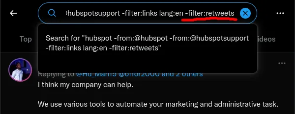 HubSpot Twitter mention search after excluding retweets