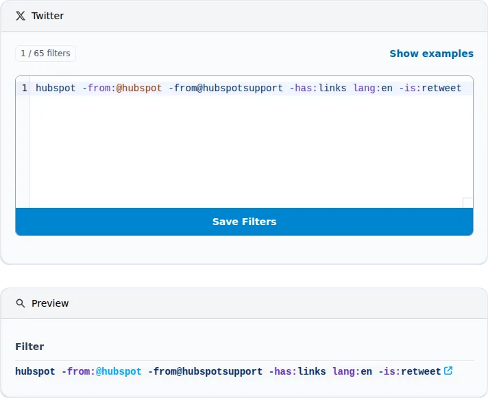 Copying a cleaned Twitter mention query into Syften for automated monitoring
