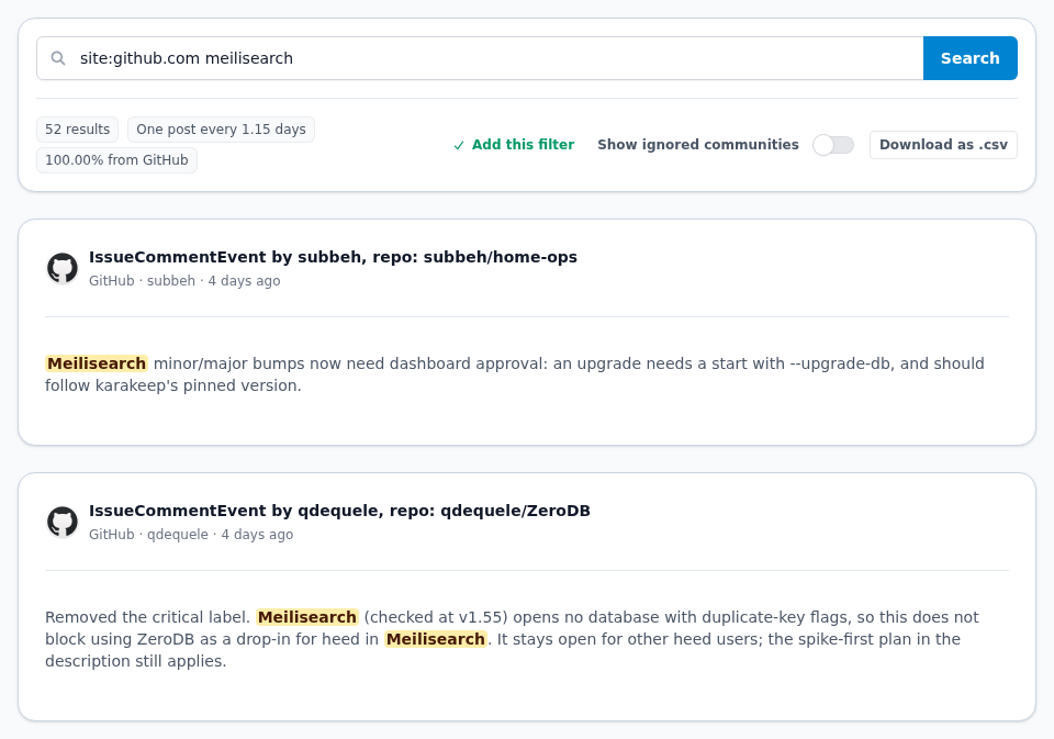 Syften archive search for Meilisearch on GitHub, showing comments in the home-ops and ZeroDB repositories