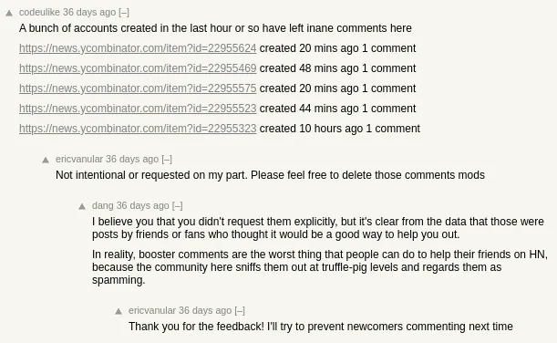 Hacker News discussion about comments from newly created accounts