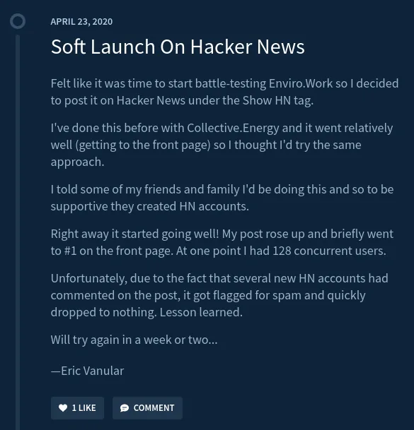 Indie Hackers post describing a Hacker News launch flagged as spam