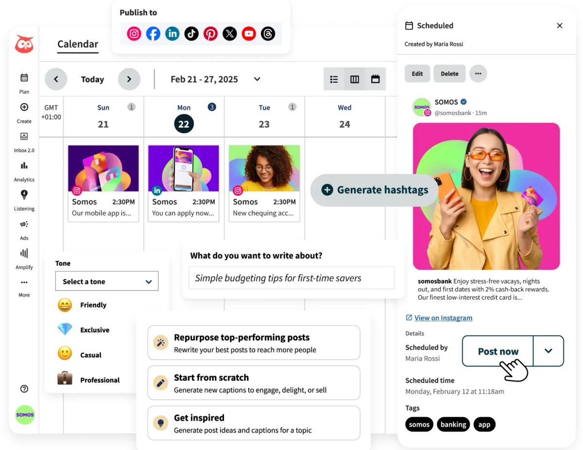 Hootsuite publishing calendar with OwlyWriter AI suggestions
