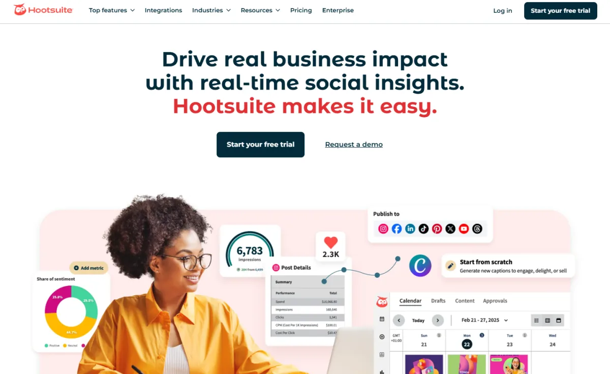 Hootsuite homepage showing real-time social insights