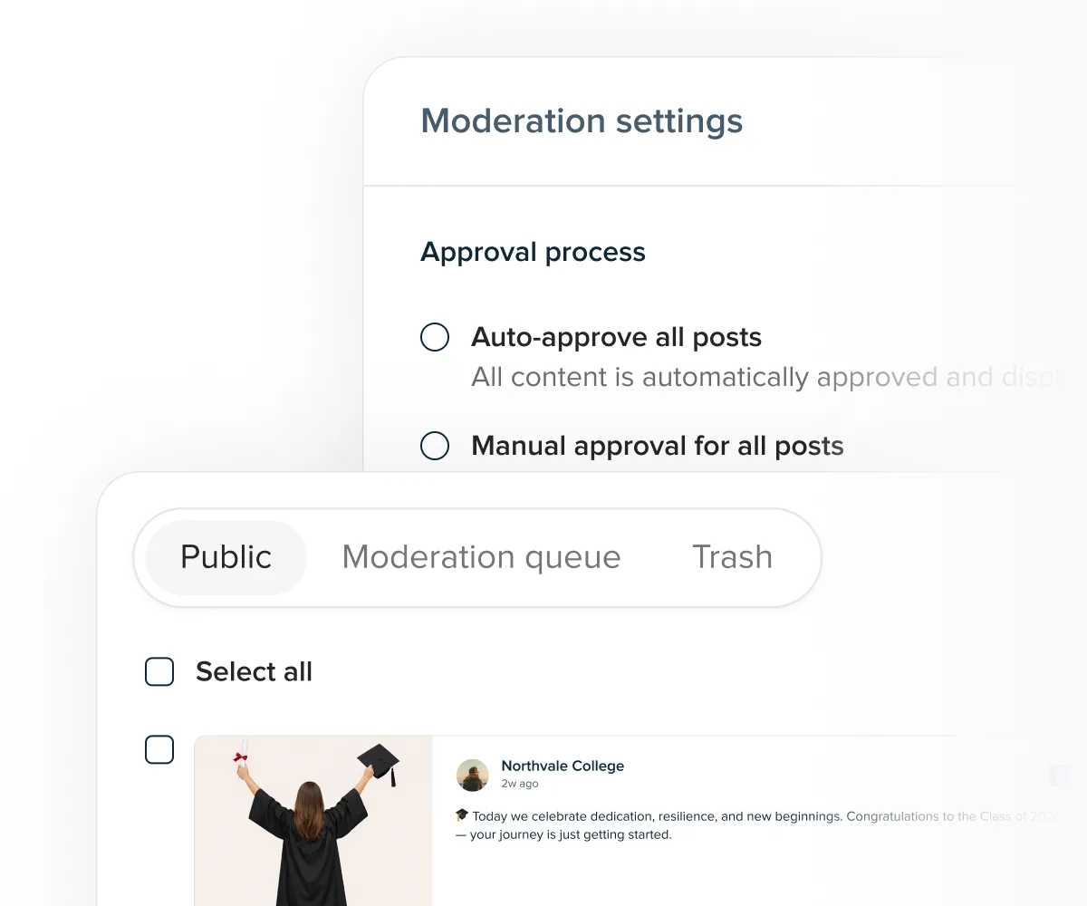 Juicer moderation settings with auto-approve, manual approval, public feed, moderation queue, and trash tabs