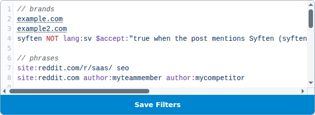 Syften filter examples showing brand names, domains, source limits, and author filters
