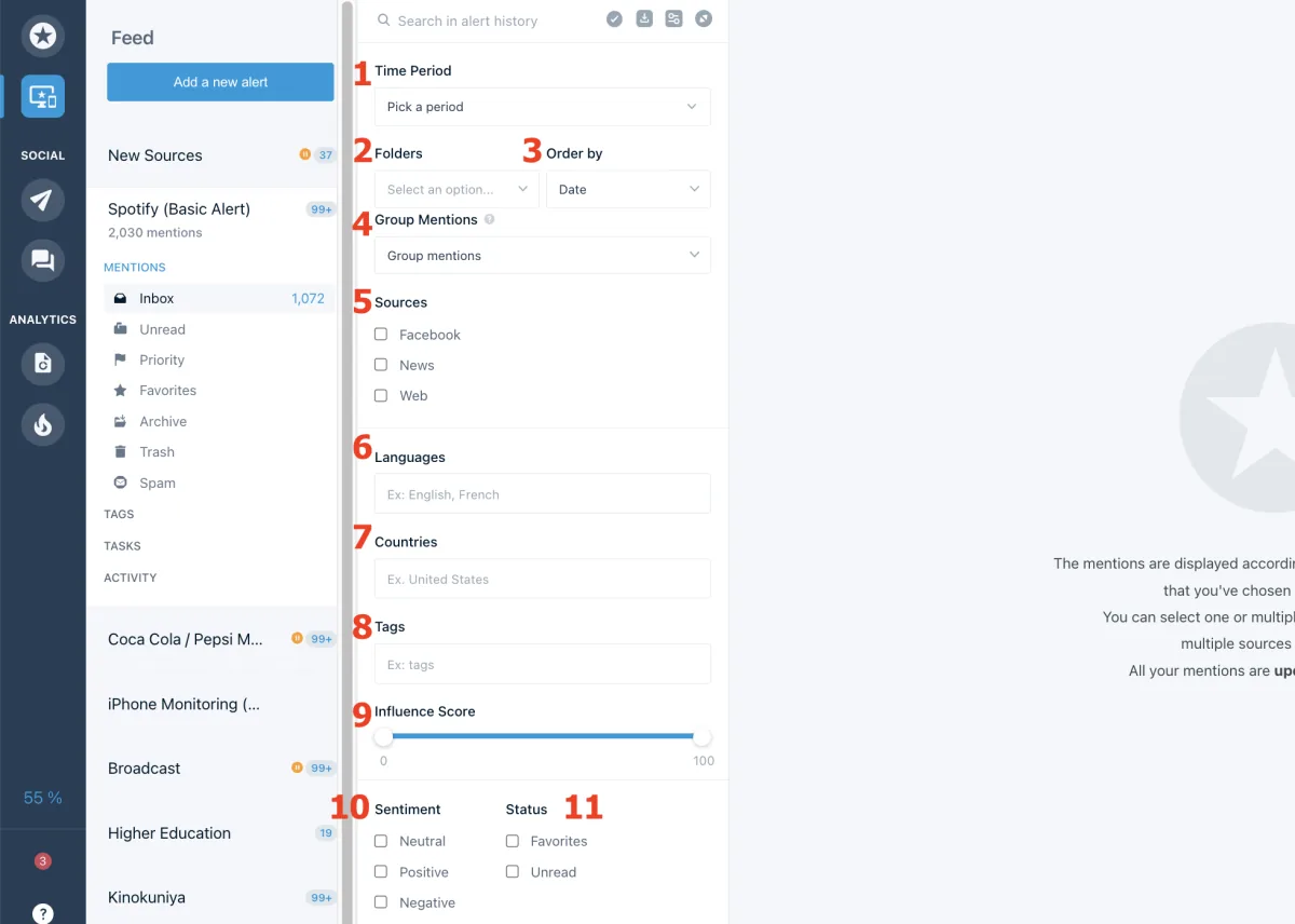 Mention feed with source, country, and sentiment filters