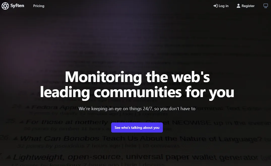 Syften homepage showing its community monitoring hero