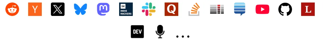 Syften supported source icons for Reddit, Hacker News, X, Bluesky, Slack, Quora, YouTube, GitHub, and more