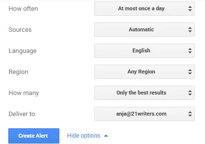 Google Alerts options for frequency, sources, language, region, and delivery