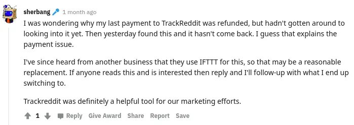 Reddit comment about TrackReddit shutting down