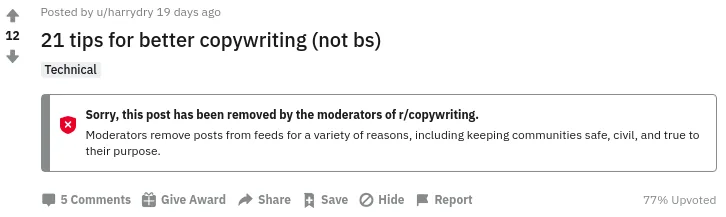 Reddit post removed by moderators